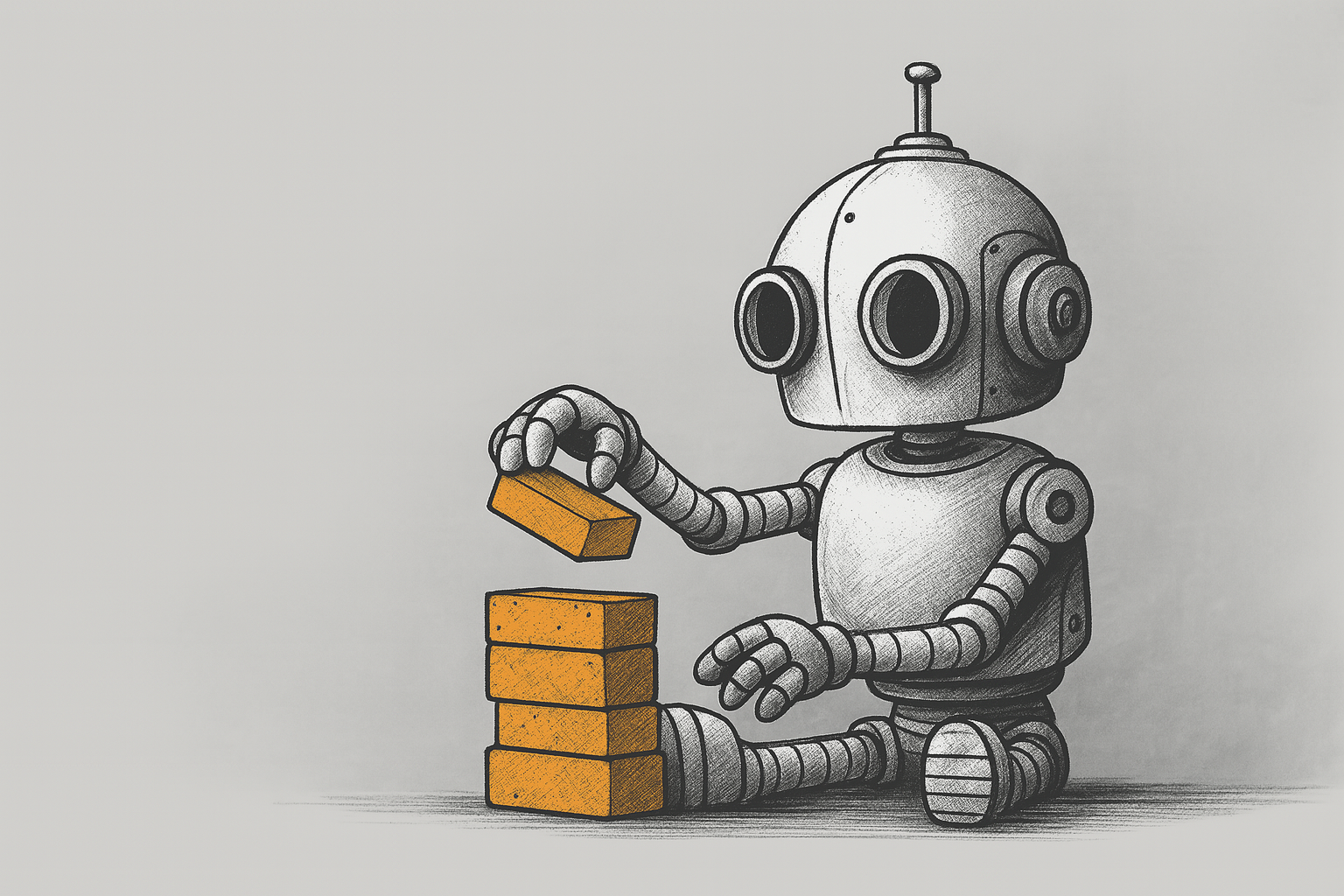 Robot construyendo con bloques naranjas